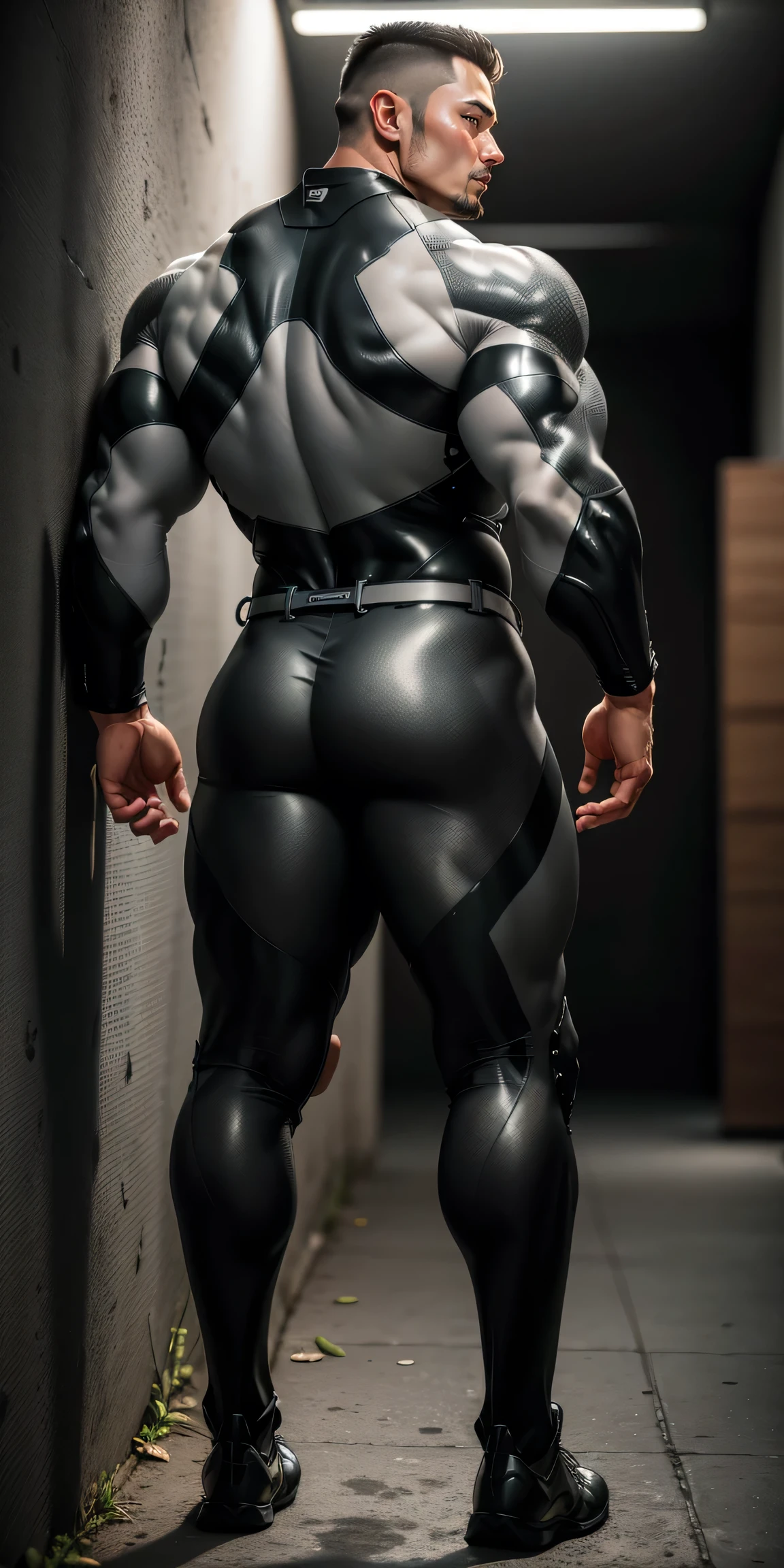 The back view of a particularly tall, giant, and muscular police officer.，Silver gray khaki camouflage wetsuit，He faced the wall and held it with both hands，round buttocks，Highlights，role conception, senior police officer，Wearing Silver gray khaki camouflage wetsuit，matte texture，regular symmetrical texture pattern，Standing in the dark sugar cane jungle, The body is wrapped in thick rattan，heroic male pose，Tall burly，muscular！Charming leg muscles，High, burly, Heqiang， Wearing Silver gray khaki camouflage wetsuit， Super gain and cool， high resolution committee， Big feet in silver gray boots，Charming strong man，The bright sunshine shines on you，Matte particles with shiny texture, front side view:1.2, action pose