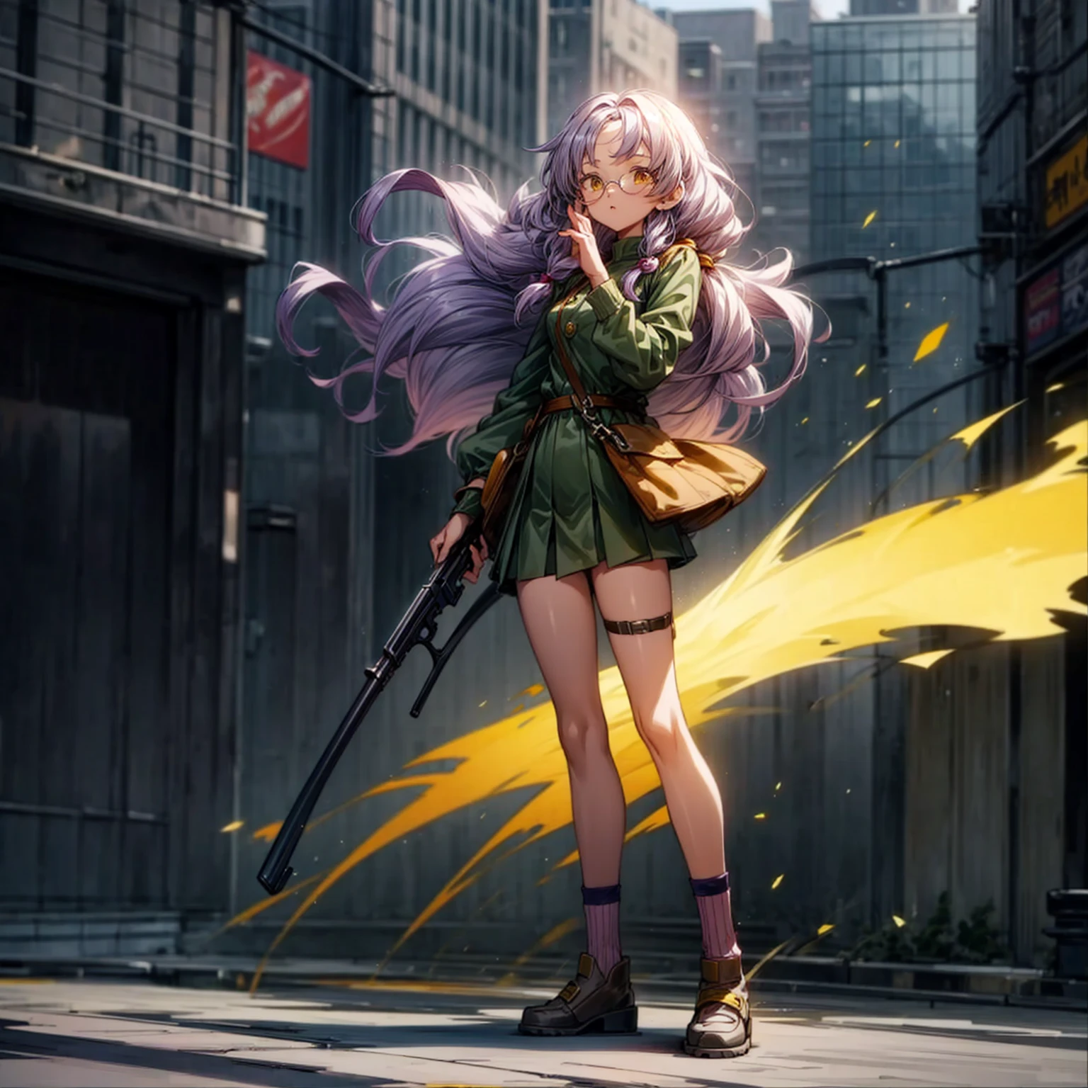 1girl, Full body version, 1character, gold eyes, long Curly haircut, lavender color hair, army style clothing, white glasses, Long socks, Grassroots, background in city street, motion blur, (dragon ball style art), Gesture standing, shotgun in hand 