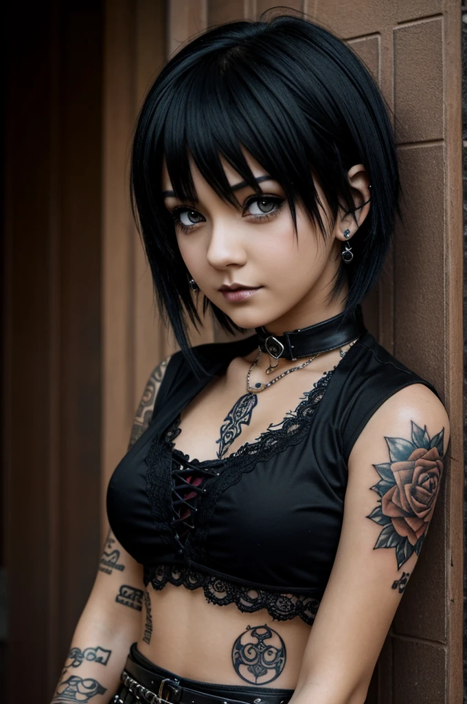 young girl, dressed in gothic style, short black hair, Brown eyes, peircings and tattoos, anime style