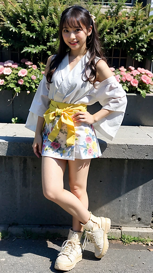 (8k、RAW Photos、Highest quality、masterpiece:1.2)、(Highest quality、Realistic)、1 Girl、((Yellow and white kimono、Japanese style、mini skirt、Floral、band、Idol Costume、ribbon、See-through、Thin legs、whole body、boots、garden、View from the front、Looking into the camera、Stand with hands on hips))、cute