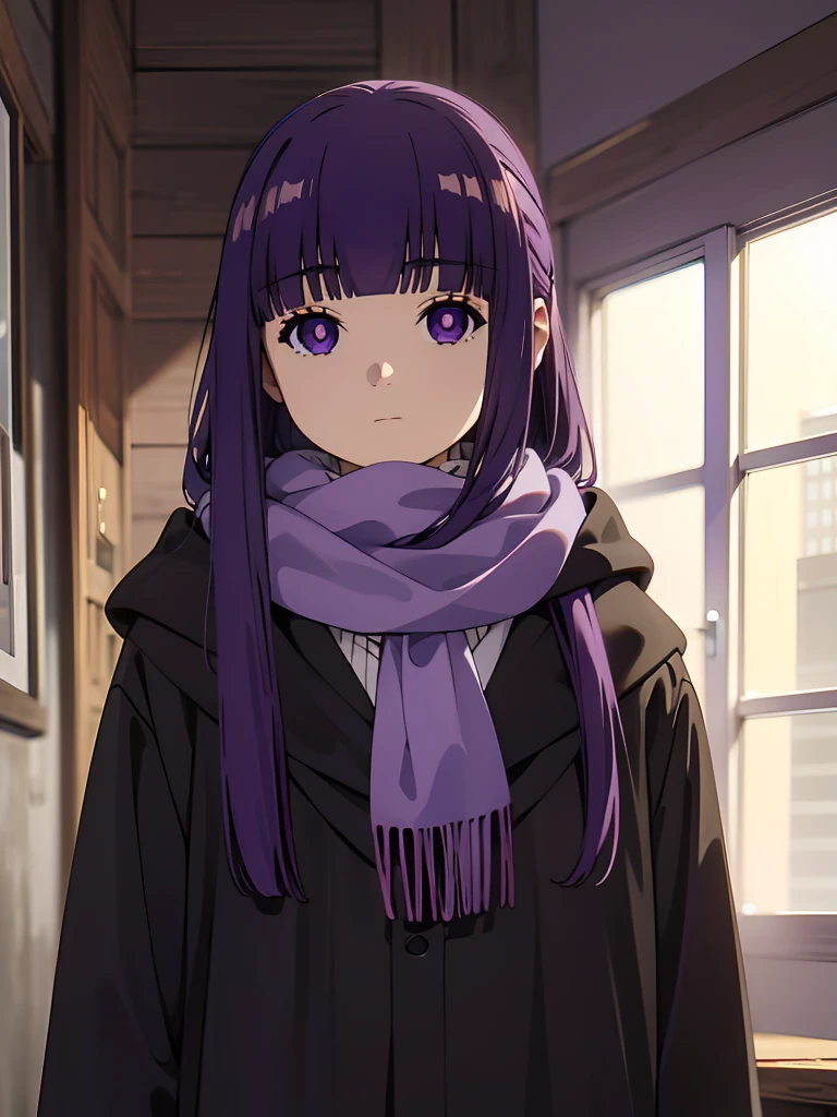 best quality, masterpiece, highres, solo, (fern_sousounofrieren:1.10), 1girl, closed mouth, purple scarf, coat, upper body, expressionless, looking at viewer, purple pupils, blue scarf, indoors, anime_style, 10