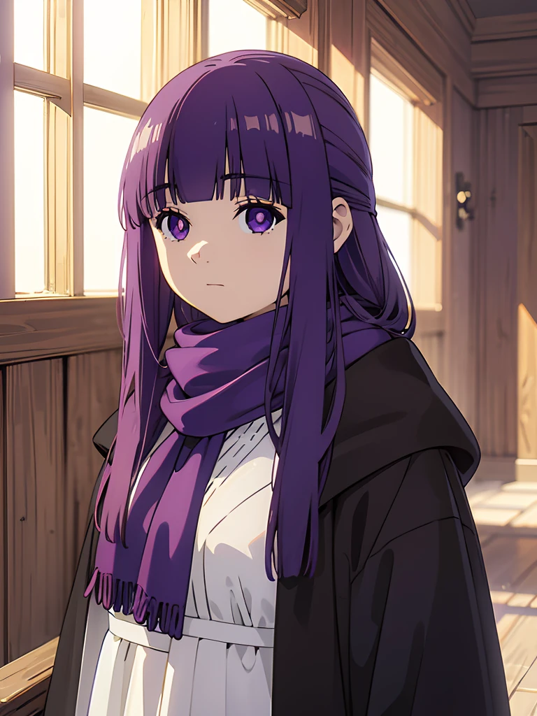 best quality, masterpiece, highres, solo, (fern_sousounofrieren:1.10), 1girl, closed mouth, purple scarf, coat, upper body, expressionless, looking at viewer, purple pupils, blue scarf, indoors, anime_style, 10