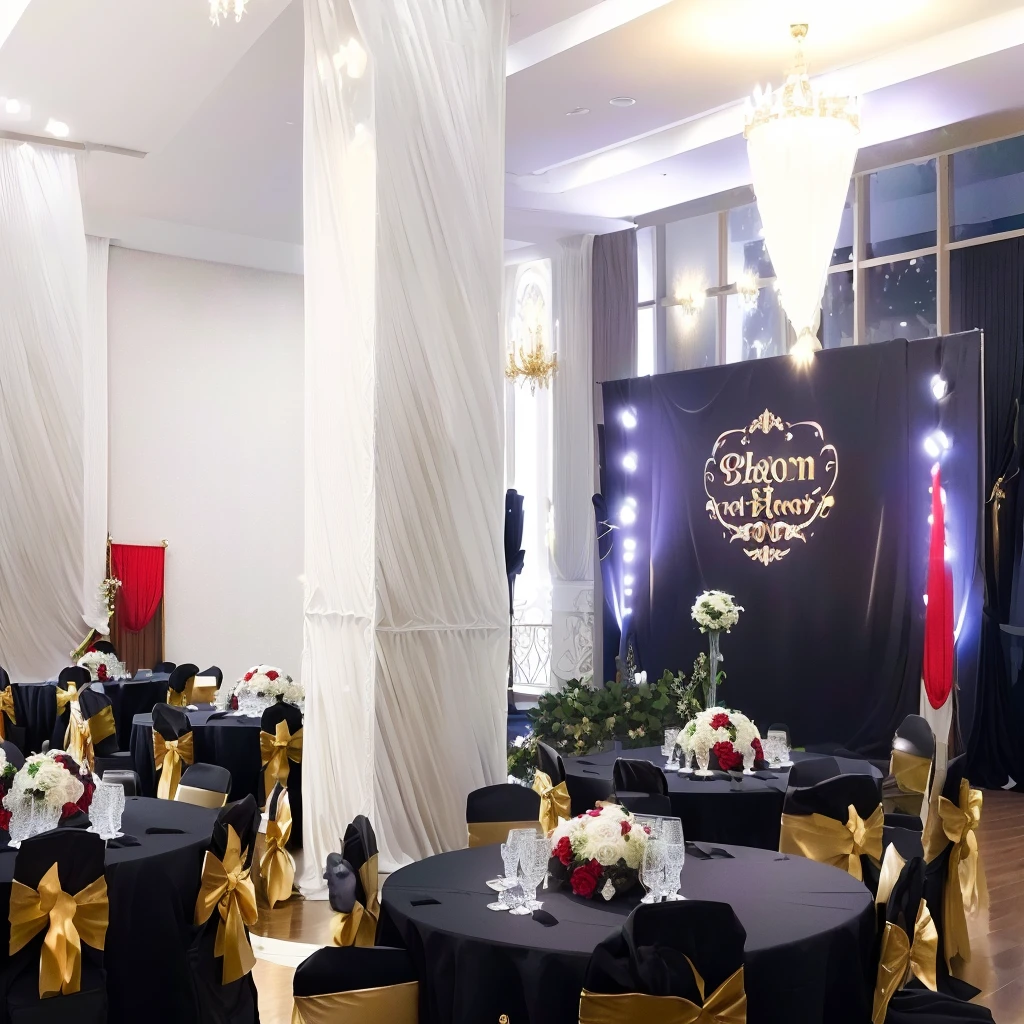 tables with black tablecloths and gold bows are set up in a large room, event, taken with canon 8 0 d, ballroom background, indoor setting, event photography, full details, full - view, show room scene, beautiful image, detailed image, decoration, detailed scene, palatial scene, parlor, wide portrait, taken with canon 5d mk4