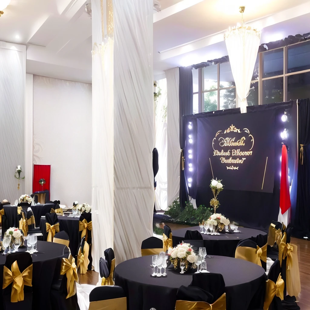 tables with black tablecloths and gold bows are set up in a large room, event, taken with canon 8 0 d, ballroom background, indoor setting, event photography, full details, full - view, show room scene, beautiful image, detailed image, decoration, detailed scene, palatial scene, parlor, wide portrait, taken with canon 5d mk4