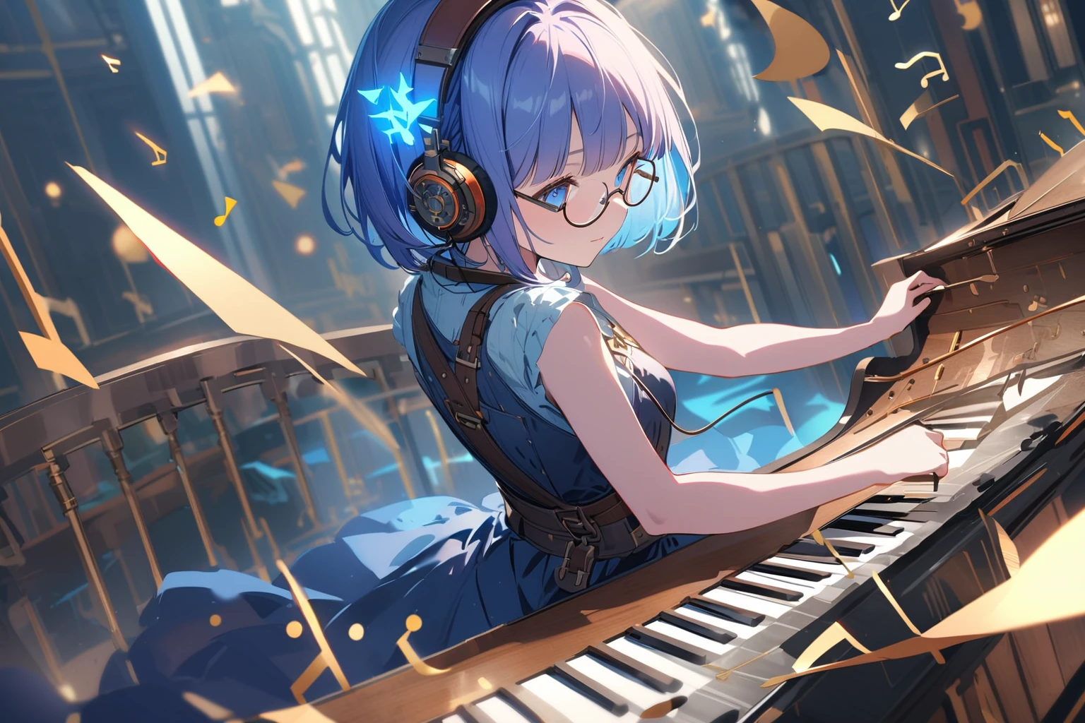 (extremely detailed fine touch:1.3), (((semi-rimless round eyewear:1.3))), (headphone:1.2), short hair, blunt bangs, 1girl, solo, elegant dress, bare arms, steampunk, futuristic, playing_piano, steampunk-inspired_piano, blue_glowing_tones, glowing_elements, (musical_notes:1.3),
