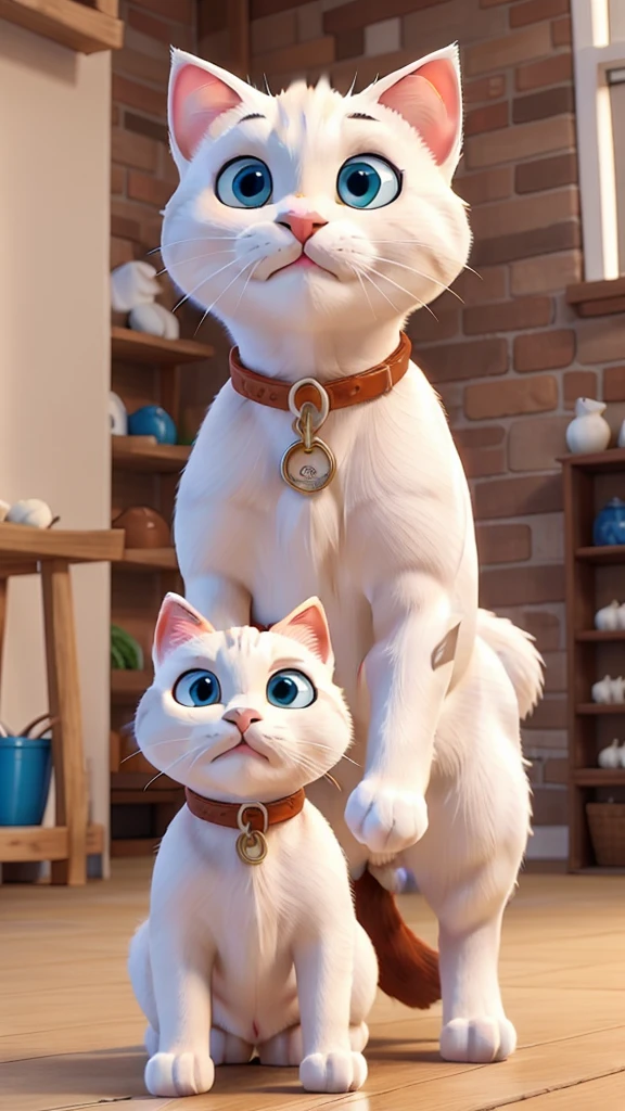 "Milk, the white cat, is being trained by Bruno, a veteran boxer. Bruno, a large, muscular cat, is showing Milk how to punch and move. Milk is focused and eager to learn."