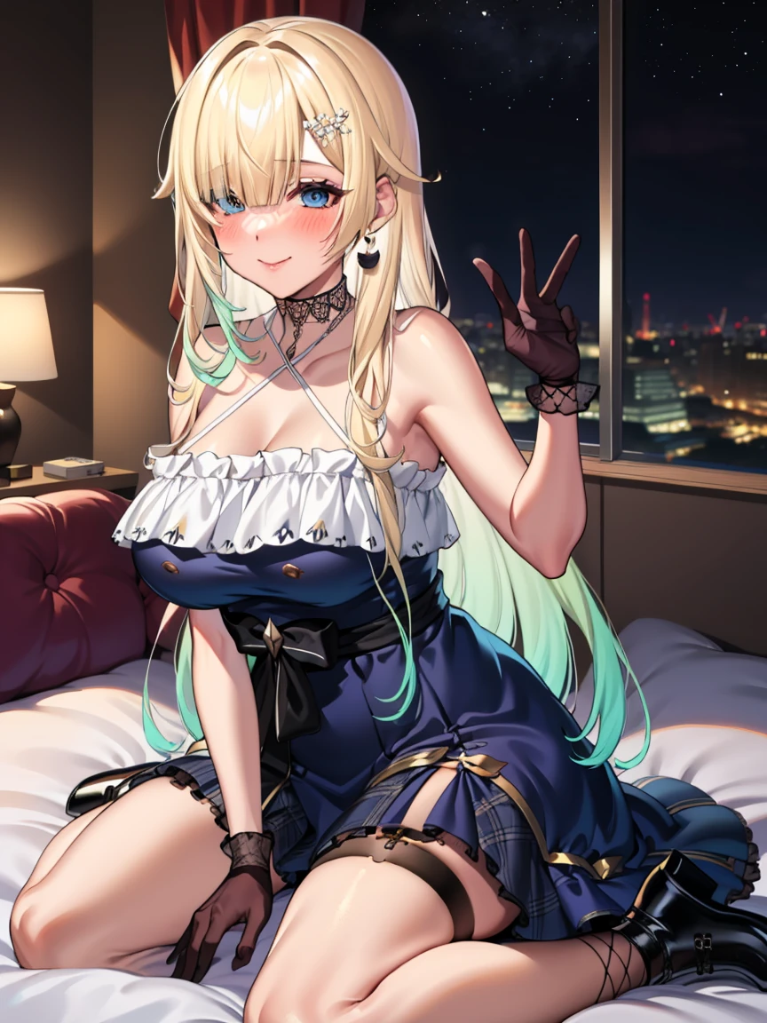 Portraiture, Official Art, Masterpiece, Highest quality, Highest Resolution, 8k, Most detailed, (Perfect Anatomy:1.3), (View your viewers)
Cover your eyes and break, (Sitting), (wariza)
break
Ema Aizawa, Long Hair, Gradient Hair, Blonde, hair ornaments, Earrings, blue eyes, Lace choker, Black choker, Exposing shoulders, Crisscross halter neck, Blue clothes, Frills, Black Bow, Black gloves, Thigh straps, Fishnet tights, Single knee socks, (Large Breasts:1.2), alone, 1 Girl Break
(smile:1.1), (blush), (Shut your mouth.)
break
On the bed, (night), (Dim lighting), Highly detailed 16KCG wallpaper