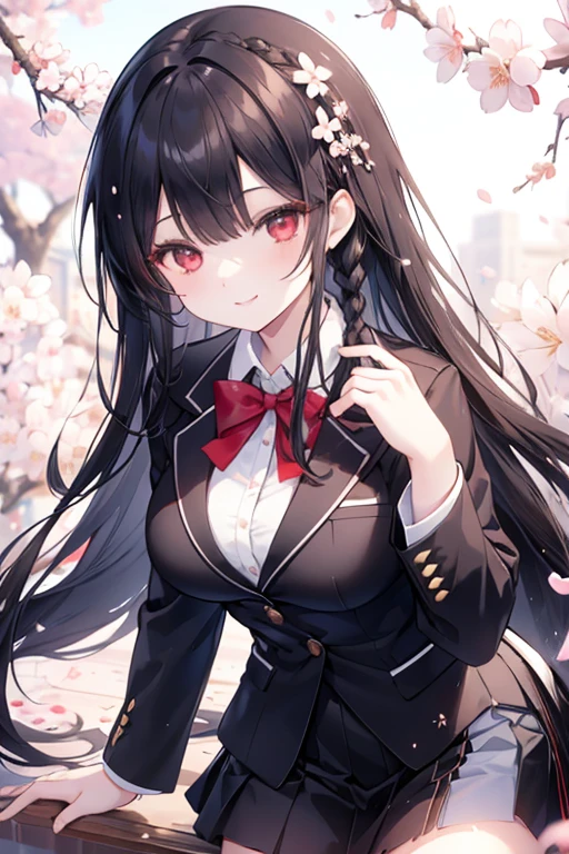 young girl, black hair, red eyes,beautiful and detailed eyes, big breasts, long hair,european braid hairstyles, happy smile, black shirt,white blazer, black mini skirt, (cherry blossom garden )