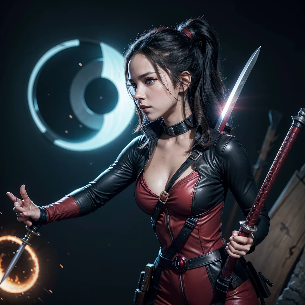 Lady deadpool, holding a sword, leaving a portal