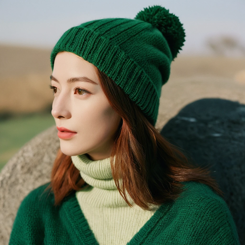 Closeup profile angle portrait photo of a beautiful face cute ginger Japanese kawaii woman,still from the film, (Anne Hathaway look alike face: 0.9), smile, wearing a green sweater and an animal beanie, hyperrealistic photography, Leica SL3, Summicron-SL 75 f/2 ASPH, Kodak Gold 200 film,