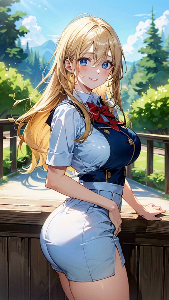 (masterpiece:1.3, best quality, Ultra-high resolution, Very detailed), (Practical, photoPractical:1.4), Fine quality illustrations, Perfect lighting, Natural light, rich and colorful, Cute and symmetrical face, Glowing skin, (Blonde), Hair between the eyes, blue eyes, (Large Breasts, seductive thigh, Big Ass), (beautiful scenery),(Charming smile,), (Uniforms)