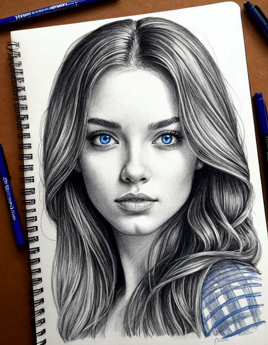 drawing of a woman with long hair and blue eyes on a notebook, face sketch, on a notebook page, potrait of a female face, sketch of a caucasian face, detailed face ), 🤤 girl portrait, art sketch, sketched, girl sketch, face study, realistic sketch, quick sketch, pen sketch, face portrait, scribble sketch, ink and ballpoint, turn this drawing to real human, hyper realistic, use this photo, matte skin, ultra detailed, drammatic lighting, professional pose