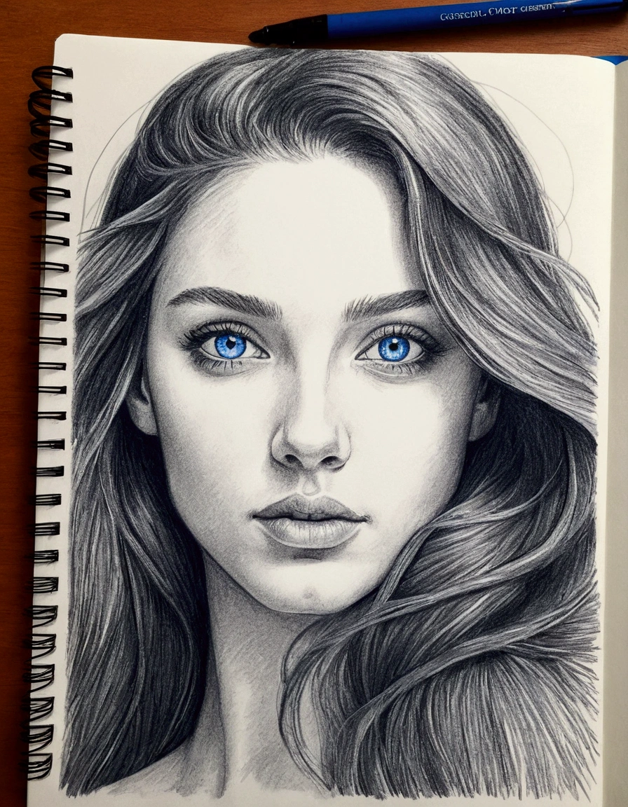 drawing of a woman with long hair and blue eyes on a notebook, face sketch, on a notebook page, potrait of a female face, sketch of a caucasian face, detailed face ), 🤤 girl portrait, art sketch, sketched, girl sketch, face study, realistic sketch, quick sketch, pen sketch, face portrait, scribble sketch, ink and ballpoint, turn this drawing to real human, hyper realistic, use this photo, matte skin, ultra detailed, drammatic lighting, professional pose