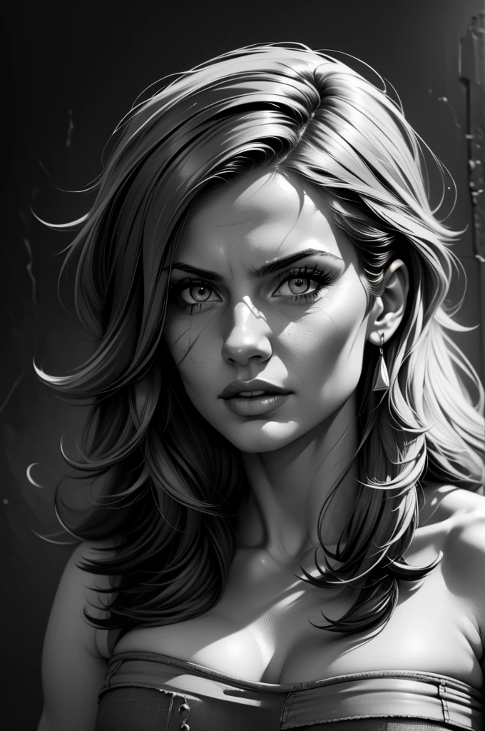 A girl in a mug shot, sketch, black and white, cute, detailed features, old style, high contrast lighting, expressive eyes, messy hair. (best quality, high resolution, Realistic:1.37), old, Monochrome, intense look, dramatic lighting, rough background, worn paper texture, retro vibes, ID photo, front view