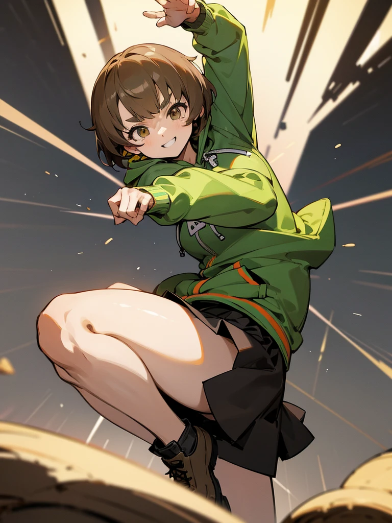 Chie satonaka cool anime girl light brown eyes brown short hair bangs cool pose cool looking green  Hoodie black skirt dinamic pose interesting pose happy smile Furrowed eyebrows kick pose