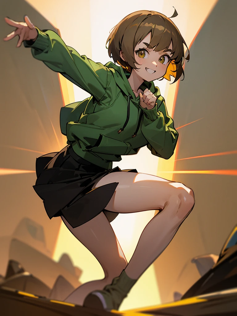 Chie satonaka cool anime girl light brown eyes brown short hair bangs cool pose cool looking green Hoodie black skirt dinamic pose interesting pose happy smile Furrowed eyebrows kick pose