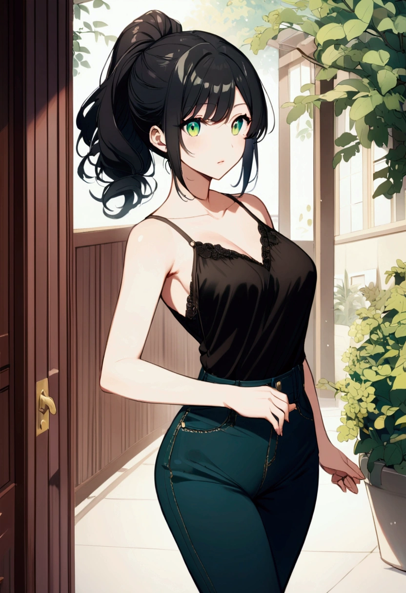 Anime girl, Long black hair, green eyes,aesthetic body,casual wear