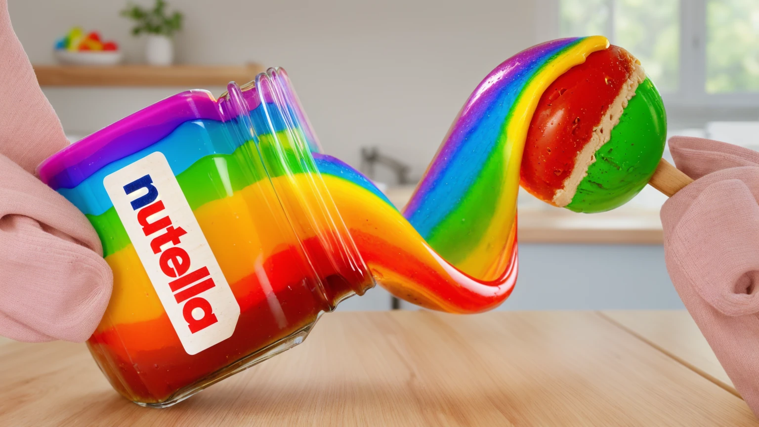 on a wooden table, glass jar with rainbow peanut butter, ice cream dipped in rainbow peanut butter, rainbow peanut butter stretch. against the background of the kitchen .beautiful lighting, Beautiful sunlight, bright lighting, Realistic style , realistic texture, detailed texture, a high resolution, high quality, ultra hd 4k, 