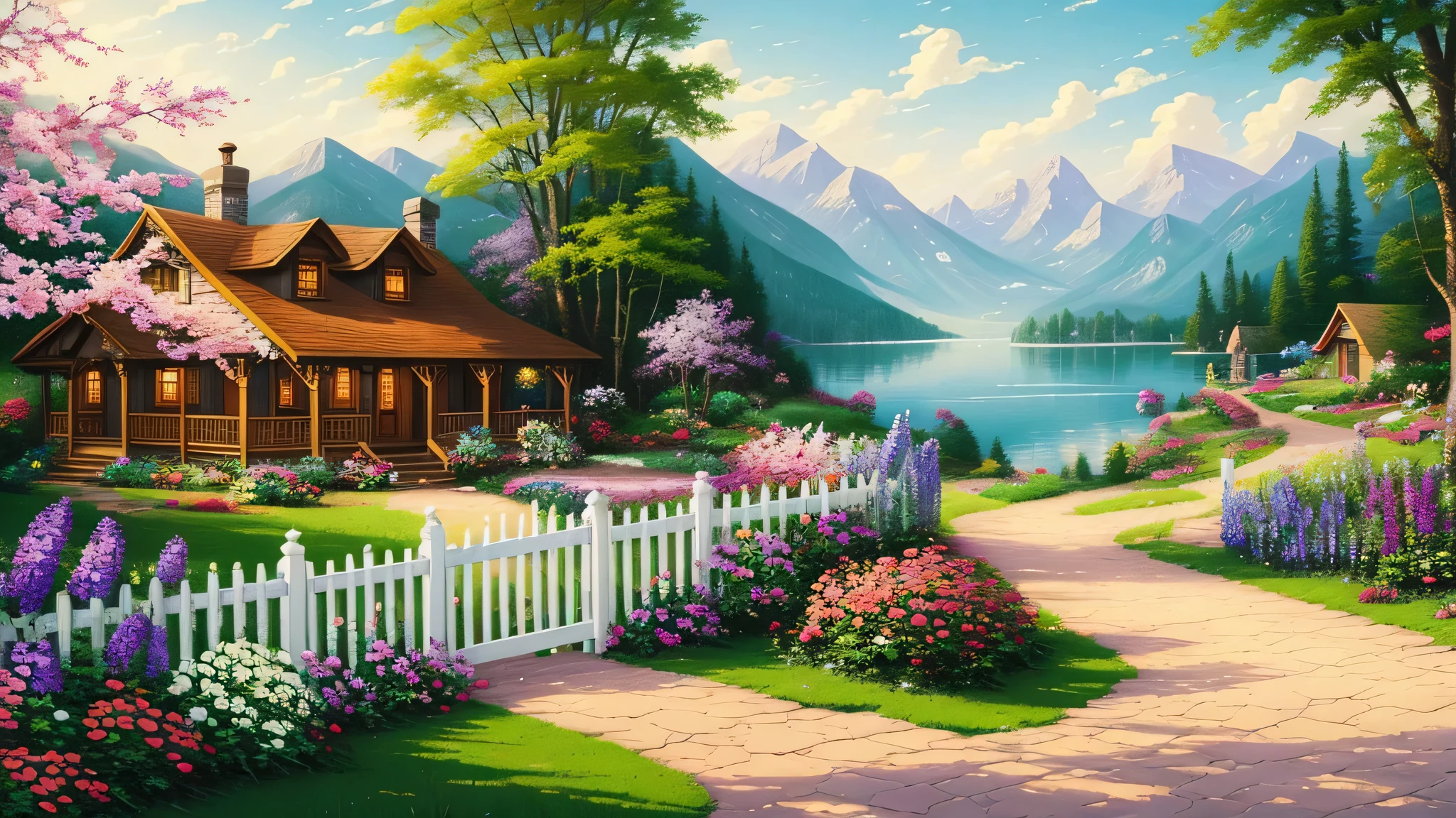Cottage Painting, Flowers beside the fence, Fence along the road, Mountain landscape with lake and boat, Illustration Matte Painting, Inspired by Thomas Kinkade, Symmetrical Matte Paint, Detailed landscape , Style Raw, 8k ultra high definition