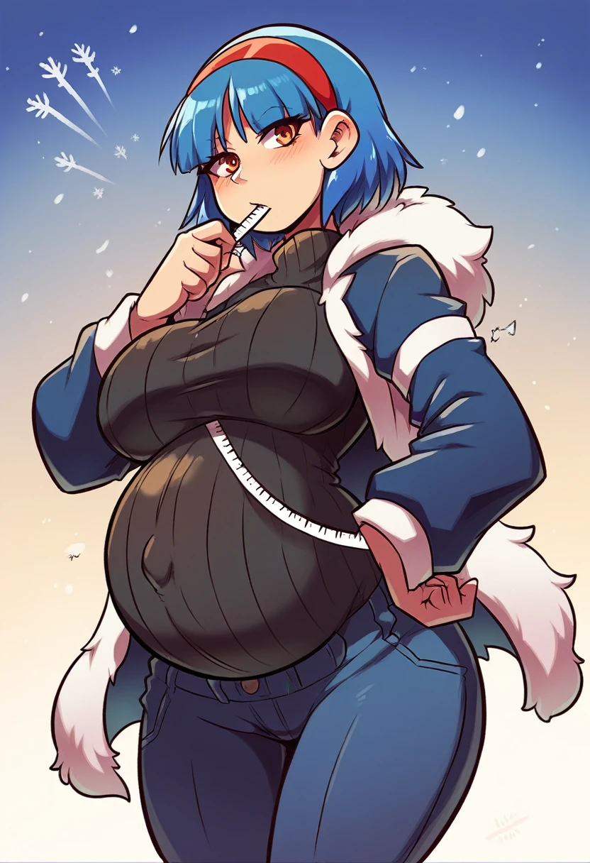 My name is Yukiko.I am a white test woman with long Sky blue hair,red eye color.I am 1.62 cm tall . Dressed in a long black coat, a winter jacket with a hood and warm pants being pregnant . With huge breasts measure 200 cm, waist 40 cm and my hips 200 cm
