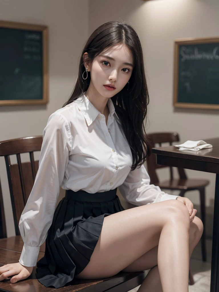 absurdres, RAW photo, extremely delicate and beautiful, masterpiece, Best Quality, ultra high resolution, 32k, hyperrealistic, ultra-detailed, perfect anatomy, super Detailed skin, perfect figure, Super Beauty, Perfect Style, Perfect balance, Beautiful Lighting, Perfect Lightning, Realistic Shadows, 20 years old, very Slim body, narrow waist, very small head, very small face, delicate facial features, handsome detailed woman, very detailed eyes and face, realistic face proportions, Realistic beautiful face, Realistic beautiful eyes, tearful mole, earring, very huge round breasts, legs, medium hair, whole body shot, indoor, school_uniform, dress shirt, pleated skirt,