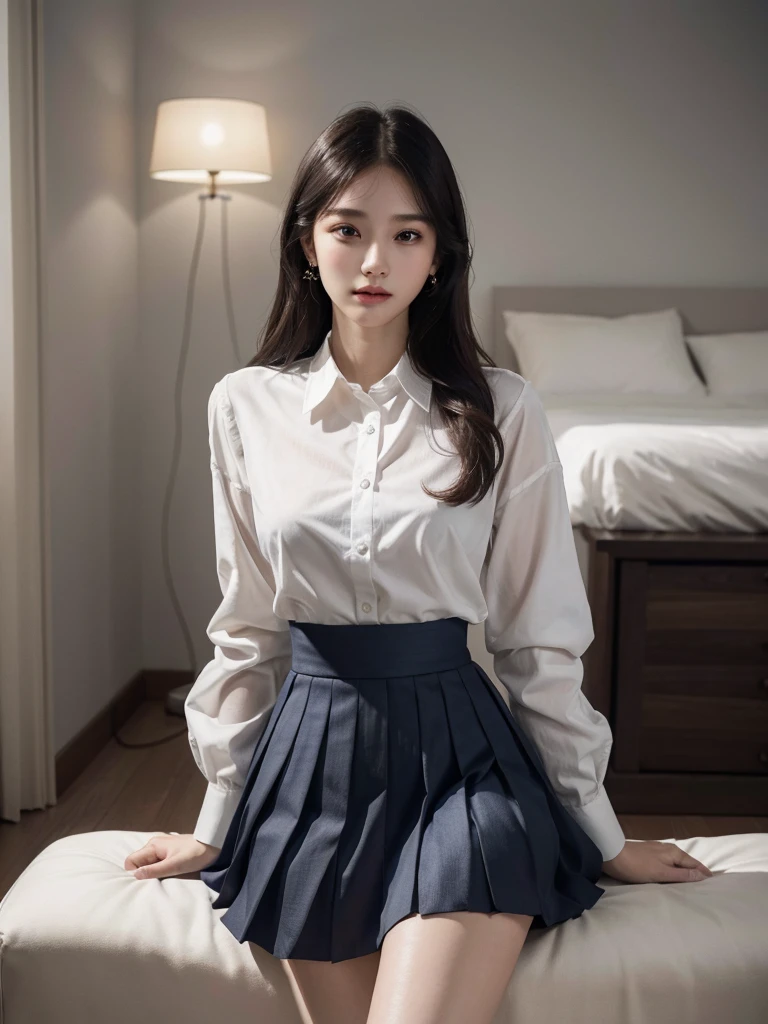 absurdres, RAW photo, extremely delicate and beautiful, masterpiece, Best Quality, ultra high resolution, 32k, hyperrealistic, ultra-detailed, perfect anatomy, super Detailed skin, perfect figure, Super Beauty, Perfect Style, Perfect balance, Beautiful Lighting, Perfect Lightning, Realistic Shadows, 20 years old, very Slim body, narrow waist, very small head, very small face, delicate facial features, handsome detailed woman, very detailed eyes and face, realistic face proportions, Realistic beautiful face, Realistic beautiful eyes, tearful mole, earring, very huge round breasts, legs, medium hair, whole body shot, indoor, school_uniform, dress shirt, pleated skirt,