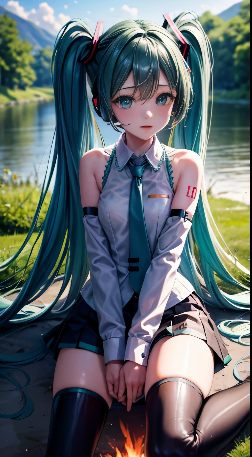 masterpiece、Top image quality、超A high resolution、NSFW、miku hatsune、campsite,Tent on background,bonfire、plein air、Mori Girl、You can see the river in the background、perspiring、Face、Smaller chest、Pubic hair shows through、pissing、