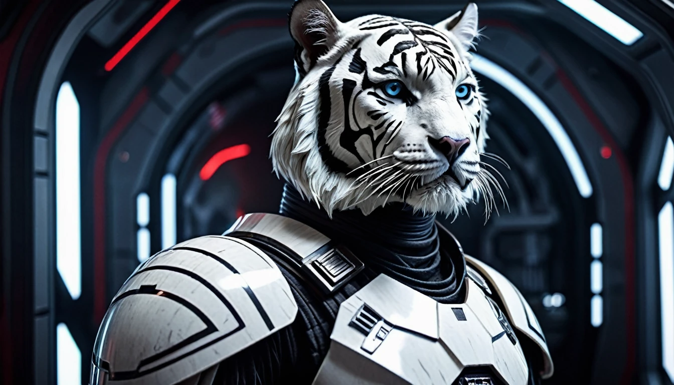 a cinematic star wars scene, white tiger humanoid sith lord, detailed portrait, photorealistic, inside a space vessel , dramatic lighting, intricate armor and details, dynamic fithing pose, full body shot, cinematic composition, hyper-realistic, moody color palette, dramatic lighting and shadows, intricate details, masterpiece