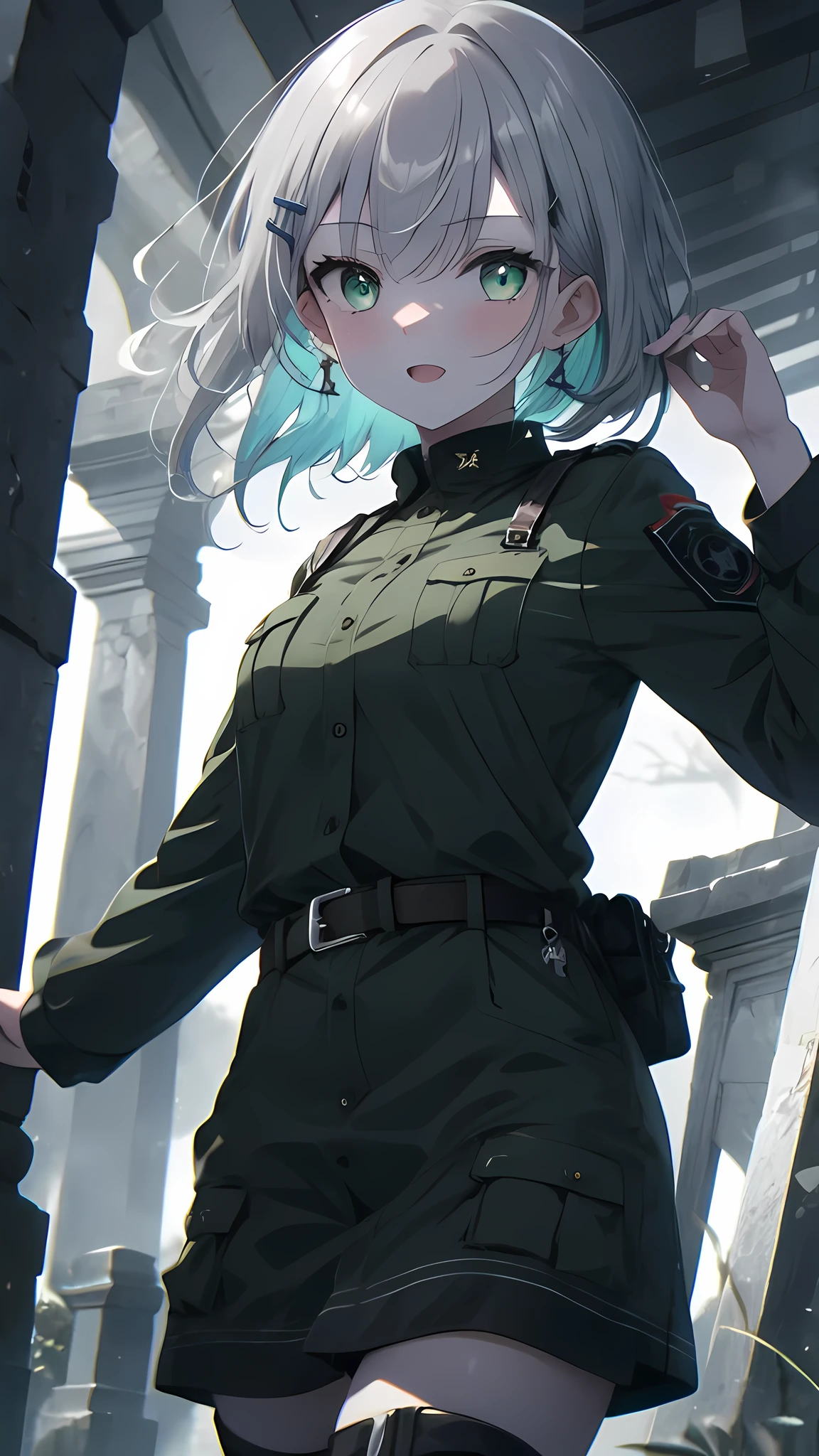 (8K, best quality, master piece: 1.3),super high resolution,1 girl, solo, cowboy shot ,ultra-detailed face, silme, (silver gray hair), thin hair clip, cyan colorshift eyes, expressive eyes, Ecstatic expression, Military style, nylon, cotton, camouflage, khaki, boots, belt, Mysterious graveyard, black, gray, green, dark and eerie