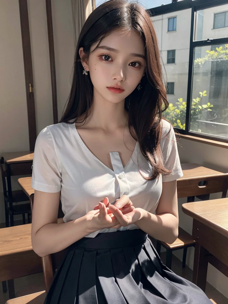 absurdres, RAW photo, extremely delicate and beautiful, masterpiece, Best Quality, ultra high resolution, 32k, hyperrealistic, ultra-detailed, perfect anatomy, super Detailed skin, perfect figure, Super Beauty, Perfect Style, Perfect balance, Beautiful Lighting, Perfect Lightning, Realistic Shadows, 20 years old, very Slim body, narrow waist, very small head, very small face, delicate facial features, handsome detailed woman, very detailed eyes and face, realistic face proportions, Realistic beautiful face, Realistic beautiful eyes, tearful mole, earring, very huge round breasts, legs, medium hair, whole body shot, indoor, school_uniform, dress shirt, pleated skirt, 