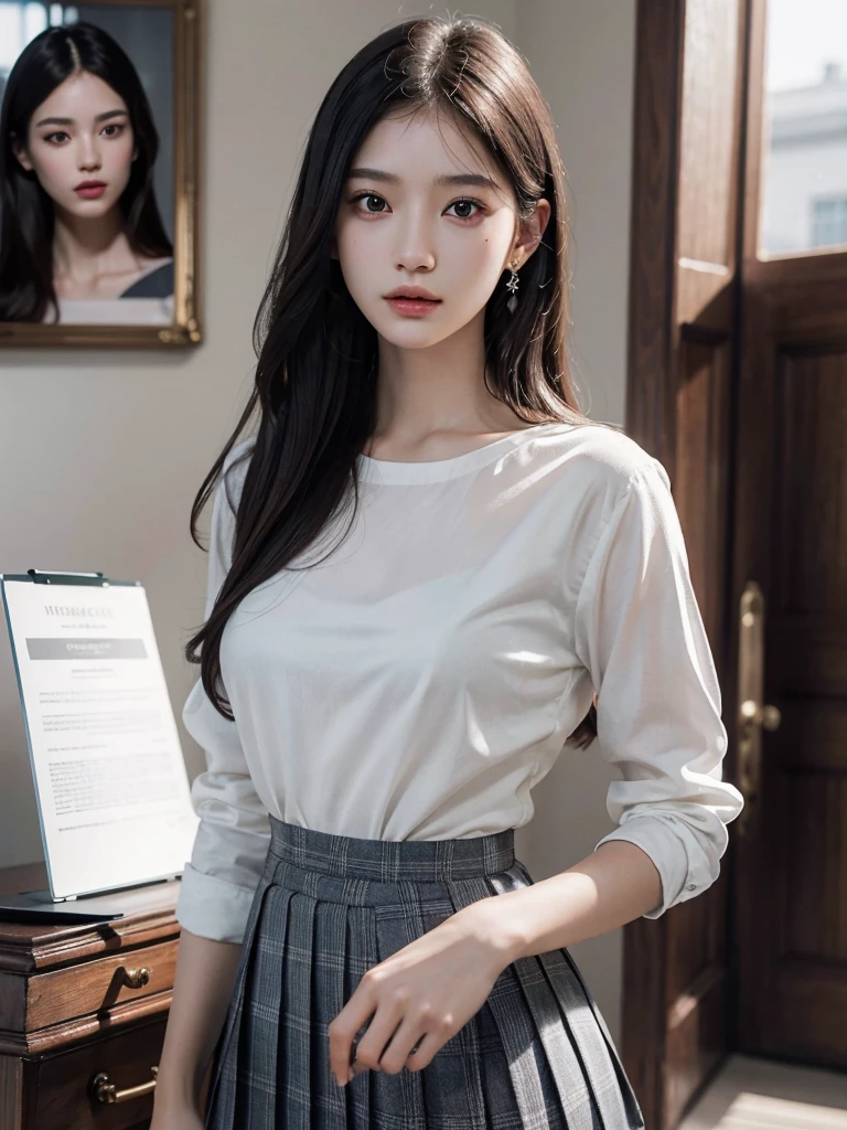 absurdres, RAW photo, extremely delicate and beautiful, masterpiece, Best Quality, ultra high resolution, 32k, hyperrealistic, ultra-detailed, perfect anatomy, super Detailed skin, perfect figure, Super Beauty, Perfect Style, Perfect balance, Beautiful Lighting, Perfect Lightning, Realistic Shadows, 20 years old, very Slim body, narrow waist, very small head, very small face, delicate facial features, handsome detailed woman, very detailed eyes and face, realistic face proportions, Realistic beautiful face, Realistic beautiful eyes, tearful mole, earring, very huge round breasts, legs, medium hair, whole body shot, indoor, school_uniform, dress shirt, pleated skirt,