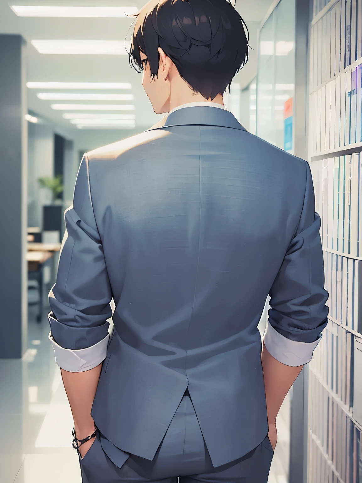 (Back view man:1.5),(Black short hair),BREAK(Wearing a suit:1.5)BREAK,(light smile),The background is the company break room.