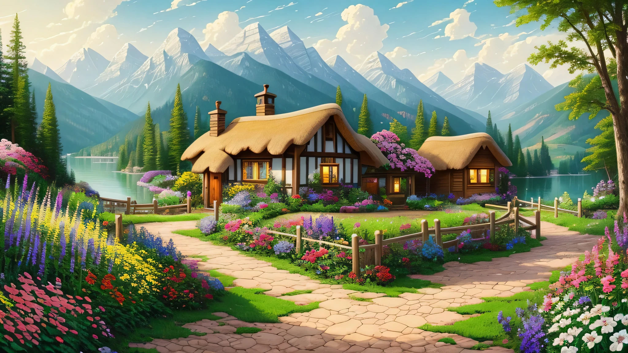 Cottage Painting, Flowers beside the fence, Fence along the road,  Mountain landscape with lake and boat, Illustration Matte Painting,  Inspired by Thomas Kinkade, Symmetrical Matte Paint, Detailed landscape , Style Raw, 8k ultra high definition