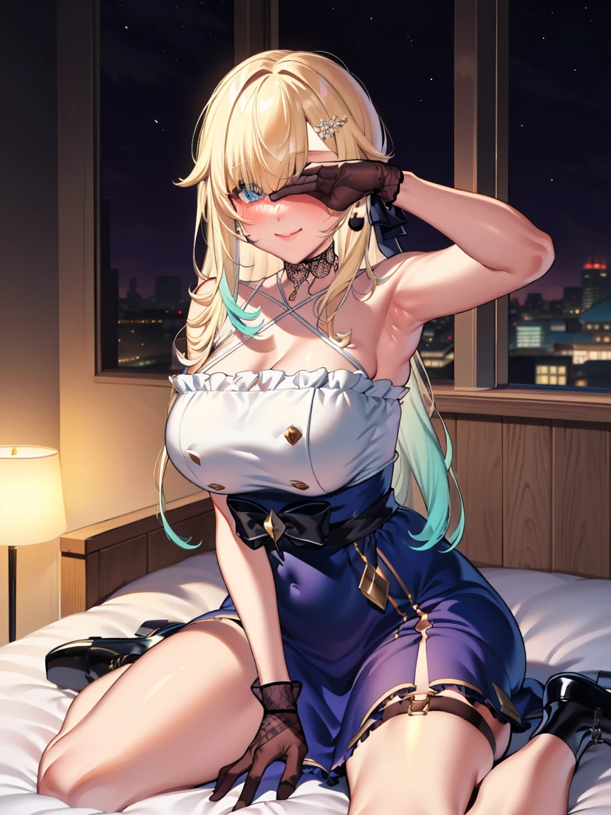 man hugs woman from behind、Rubbing her breasts:1.6,Portraiture, Official Art, Masterpiece, Highest quality, Highest Resolution, 8k, Most detailed, (Perfect Anatomy:1.3), (View your viewers)
Cover your eyes and break, (Sitting), (wariza)
break
Ema Aizawa, Long Hair, Gradient Hair, Blonde, hair ornaments, Earrings, blue eyes, Lace choker, Black choker, Exposing shoulders, Crisscross halter neck, Blue clothes, Frills, Black Bow, Black gloves, Thigh straps, Fishnet tights, Single knee socks, (Large Breasts:1.2), alone, 1 Girl Break
(smile:1.1), (blush), (Shut your mouth.)
break
On the bed, (night), (Dim lighting), Highly detailed 16KCG wallpaper