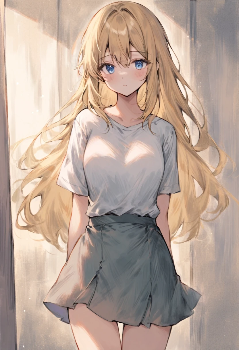 1girl, 18years old,blonde hair, one length hair, blue eyes, shirt, skirt, room, masterpiece, best quality, absurdres, cowboy shot, pastel art style, soft and dreamy atmosphere, chalk-like texture, matte finish, blended colors, subtle gradients, hazy edges, velvety appearance, light and airy feel, delicate shading, painterly effect, slightly smudged lines, warm tones, gentle highlights, textured paper background