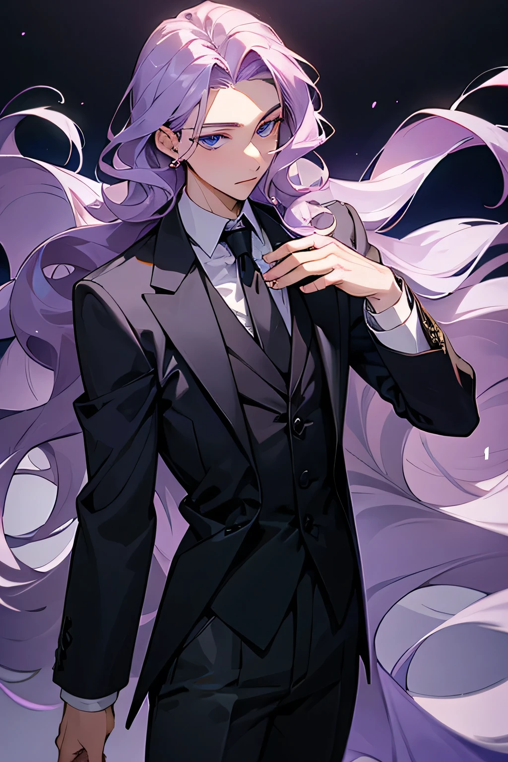 (best quality), (masterpiece), a young man with shoulder-length lilac wavy hair, blue eyes, wearing a formal suit, slim build