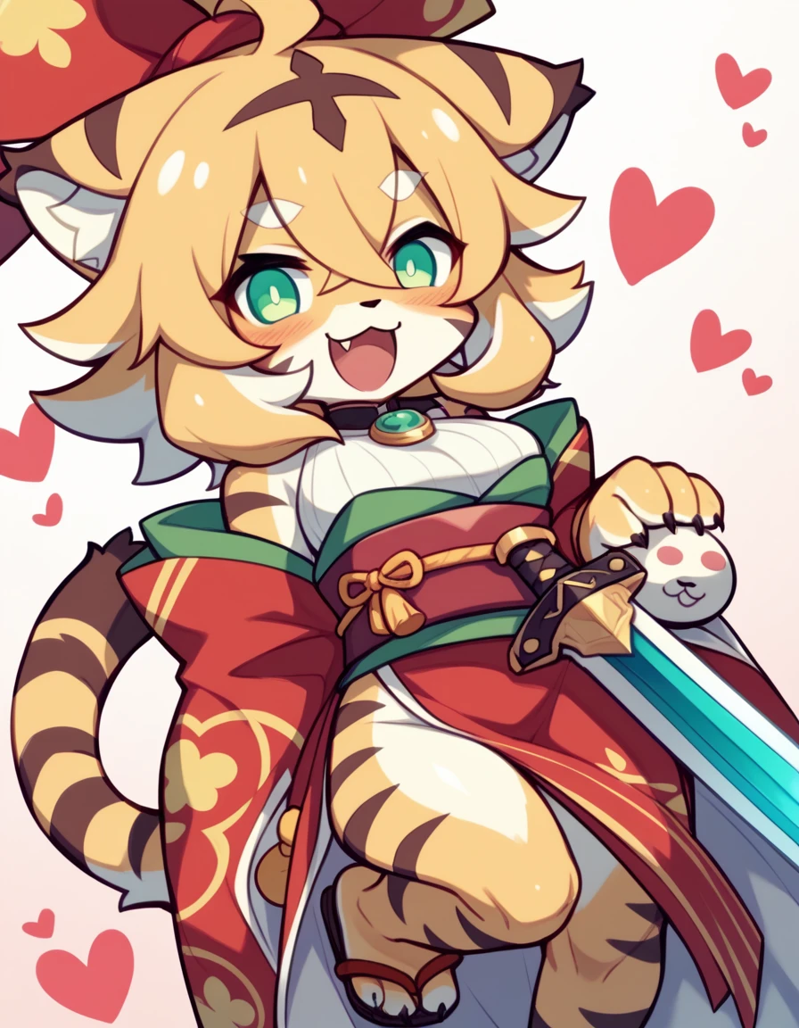 ((Tiger Girl、Sword in right hand、The left hand does not hold anything、))、(masterpiece、cute))、(kimono、A Cup),Mia(World Flipper)、alone、kemono、Cat girl、Female furry,Chibi Character、Background crop、humanoid cheetah、Fantasy、