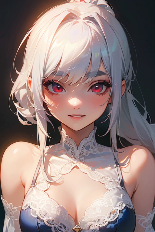 (Highest quality, masterpiece:1.2), (High resolution, 最高masterpiece).(difficult).Very detailed, Realistic:1.37, Fantasy, An illustration,Gray Hair、 Red eyes、Queen, White and blue dress、beautifully、Eyeshadow Red、Thick eyebrows、Long eyelashes、pupils are black、shiny on the lips、Top Sites、Queen、Princess、A kind smile、Show your teeth a little and smile、Soft impression、people々々々々Loved by、Slimming the face、Shoulder Bare、ponytail、Kissing Face、Long white hair、Shaggy Bangs、Save face image、((Lace Underwear)).sexy、