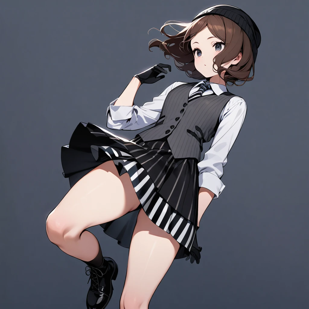 (well done:1)woman, short wavy brown hair, black eyes, black beanie with gray stripes, gray vest with thin black stripes with a tie, white shirt underneath, black and white checkered skirt, black gloves, black boots, socks to the end of the thighs.