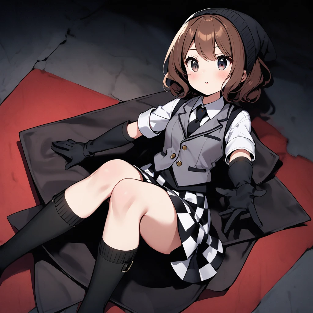 (well done:1)woman, short wavy brown hair, black eyes, black beanie with gray stripes, gray vest with thin black stripes with a tie, white shirt underneath, black and white checkered skirt, black gloves, black boots, socks to the end of the thighs.