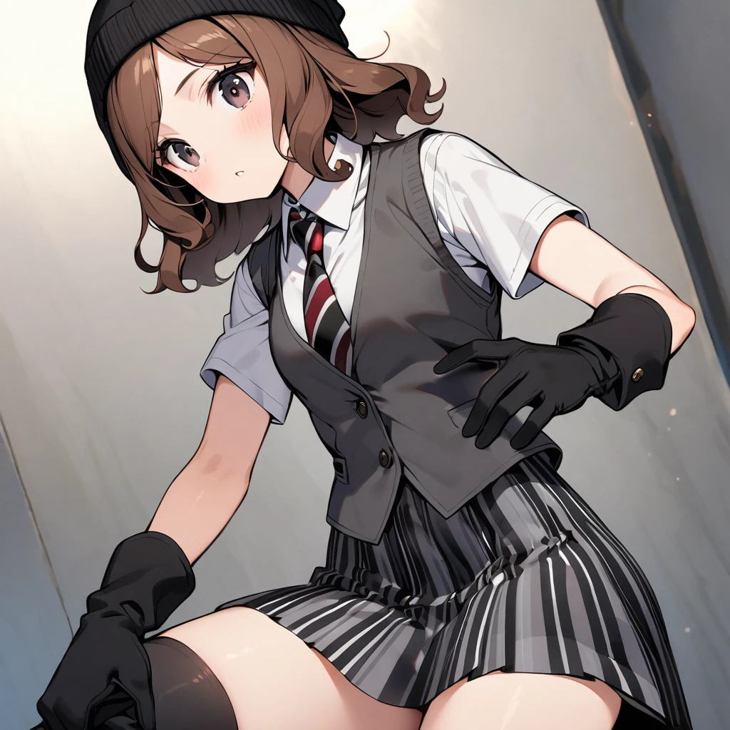 (well done:1)woman, short wavy brown hair, black eyes, black beanie with gray stripes, gray vest with thin black stripes with a tie, white shirt underneath, black and white checkered skirt, black gloves, black boots, socks to the end of the thighs.