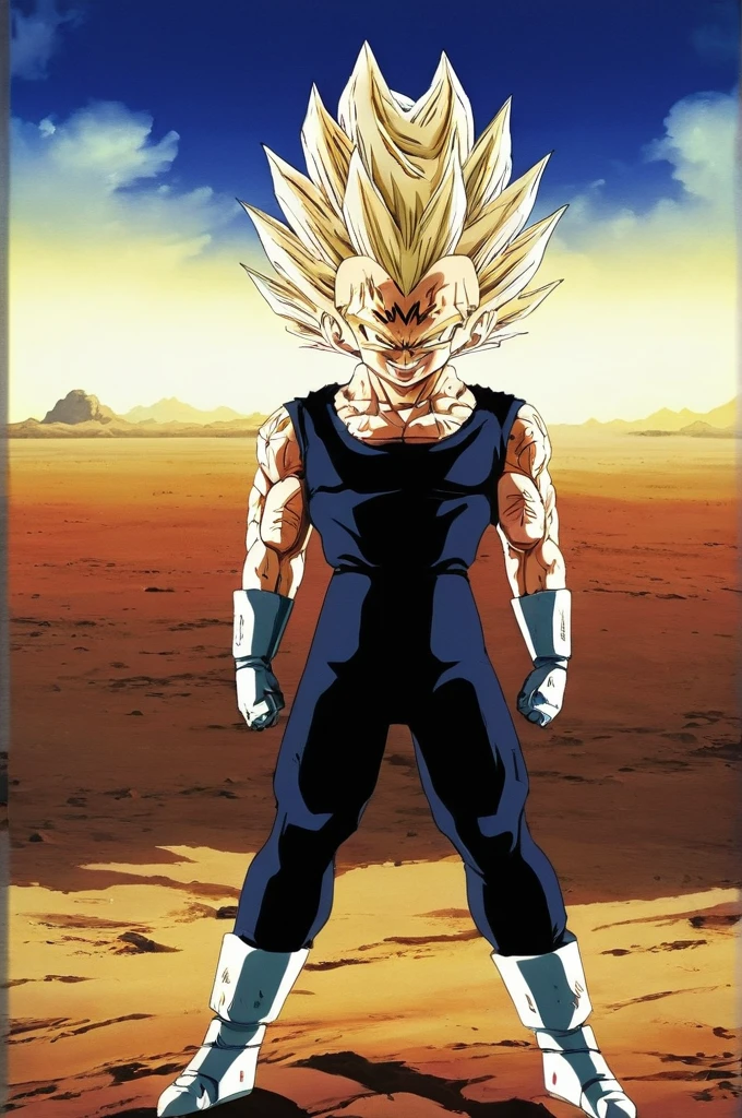 score_9, source_anime, score_8_up, score_7_up, detailed background, 1boy, solo, full body, Desert, Majin dramatic lighting, dynamic pose, dynamic composition, action scene, action pose, crossed arms, evil smile