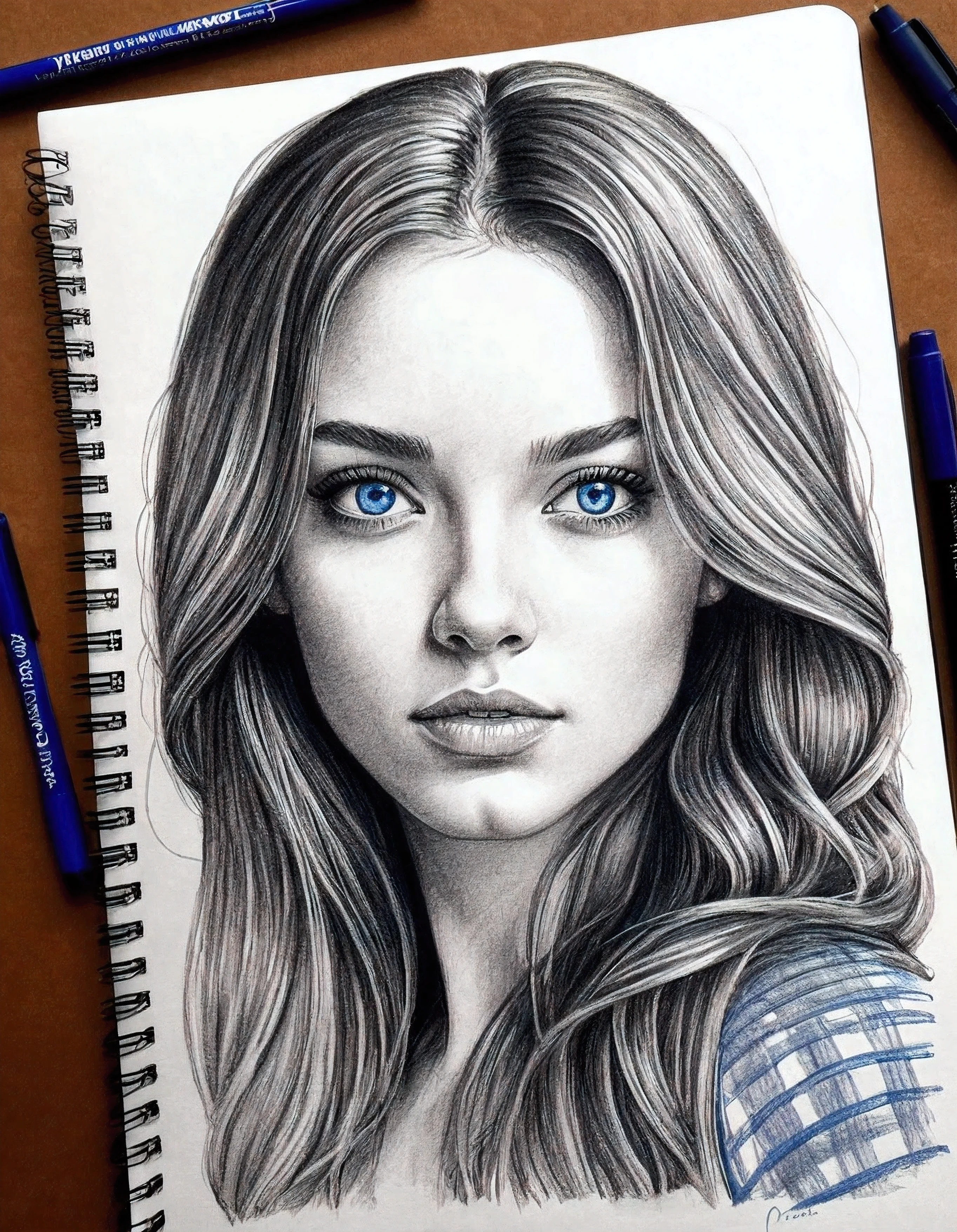 drawing of a woman with long hair and blue eyes on a notebook, face sketch, on a notebook page, potrait of a female face, sketch of a caucasian face, detailed face ), 🤤 girl portrait, art sketch, sketched, girl sketch, face study, realistic sketch, quick sketch, pen sketch, face portrait, scribble sketch, ink and ballpoint, turn this drawing to real human, hyper realistic, use this photo, matte skin, ultra detailed, drammatic lighting, professional pose
