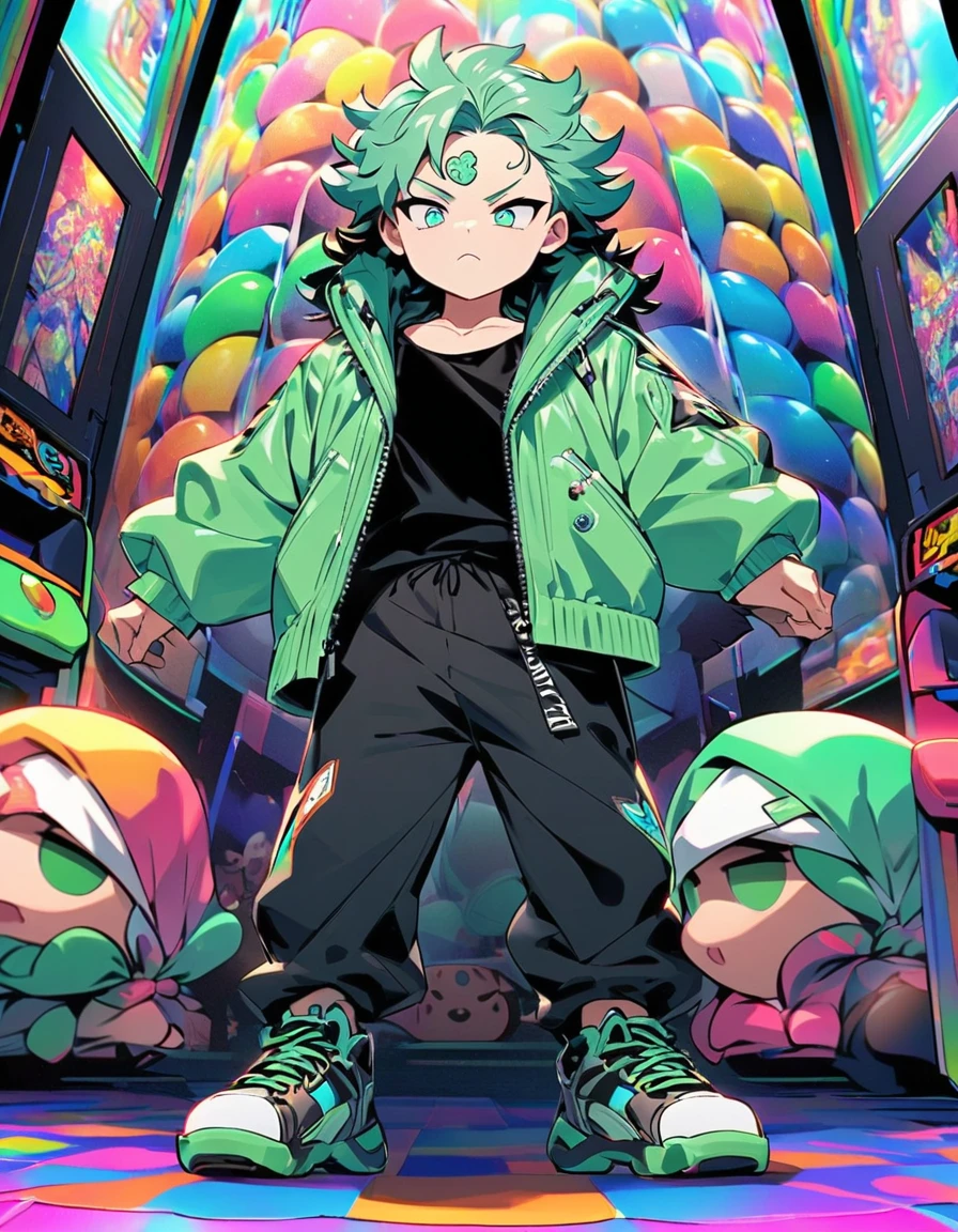 ((Full body image)), ((Just one person)). A young adult man with fair skin, fit well-toned body. He has big mint eyes. His hair is navy blue, short and wavy, in a messy undercut hairstyle. His hair has curtain bangs and is very voluminous. He wears a mint bandana on his forehead, has a very colorful and lively outfit. He wears a mint green synthetic leather jacket, a black shirt underneath, black jogger pants and mint-colored high-top sneakers. He has a determined look on his face and is standing in the middle of an arcade with several vibrant colors.
