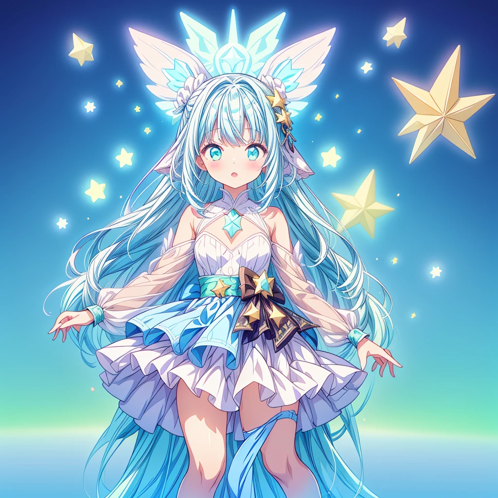 1girl、Star Fairy、Star incarnation、Character design front view、A picture facing the viewer、(((Super detailed、Highest quality、Masterpiece)))、Original cute hairstyle、Milky white and blue hair color、Simple Green Background、vtuber-fullbody,Black 8D glossy stockings