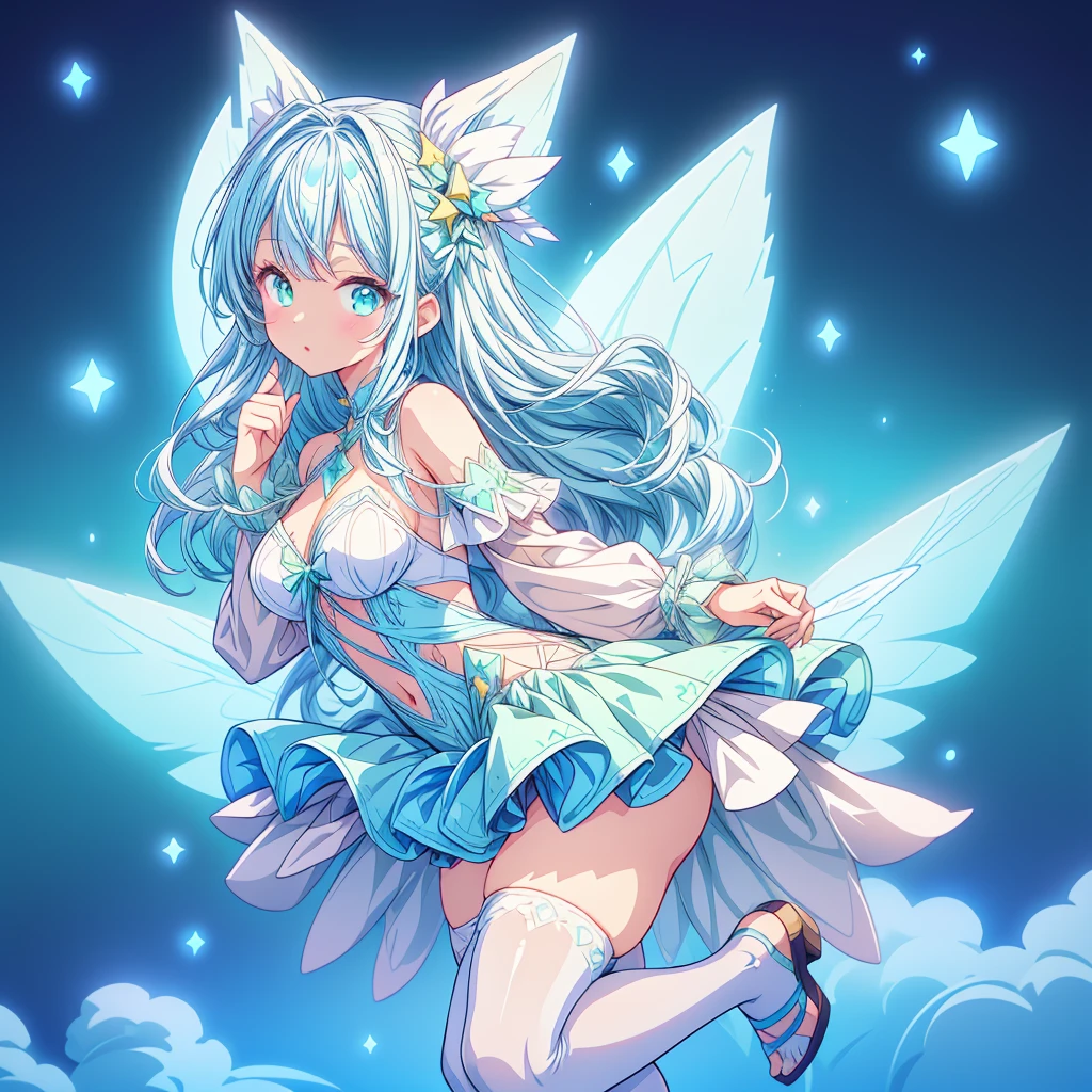 1girl、Star Fairy、Star incarnation、Character design front view、A picture facing the viewer、(((Super detailed、Highest quality、Masterpiece)))、Original cute hairstyle、Milky white and blue hair color、Simple Green Background、vtuber-fullbody,Black 8D glossy stockings