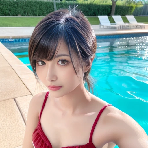 40 year old married woman,Perfectly crafted eyes,Smooth and shiny hair、3D image、Brown skin,The bust is very large、Full body image、Poolside background、High resolution、high resolution、Swimwear、high resolution写真