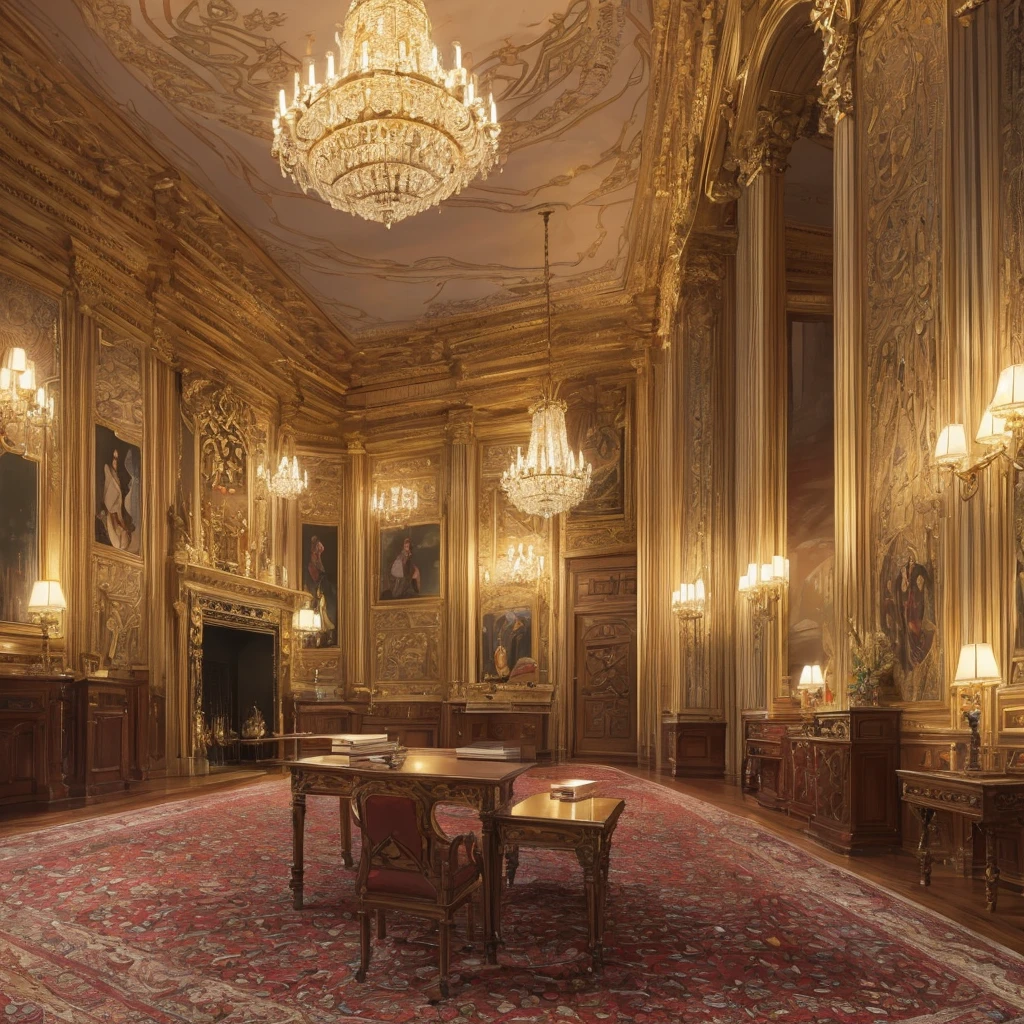detailed fantasy architecture, intricate governor's office, ornate antique furniture, lush velvet curtains, elegant chandeliers, warm fireplace, rich wooden paneling, intricate moldings, stained glass windows, oil painting portraits, plush Persian rug, (best quality,4k,8k,highres,masterpiece:1.2),ultra-detailed,(realistic,photorealistic,photo-realistic:1.37),dramatic lighting,cinematic composition