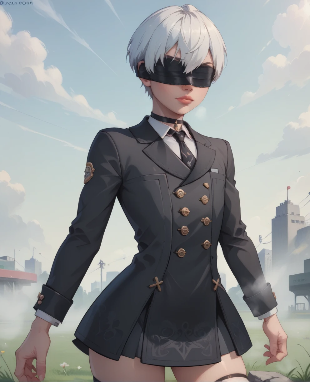 score_9,score_8_up,score_7_up,
yorhaxl,white hair,black blindfold,short hair,black choker,lips,
standing, skirt suit, (((three-piece suit))), (((dress shirt))), (((necktie))), (((blazer))), (((suit jacket))), ((waistcoat)), double-breasted waistcoat, (((bodycon miniskirt))), stockings, pocket square, cufflinks,   
long sleeves,black jacket,buttons,
deserted school yard,fog,grass, crossdressing
