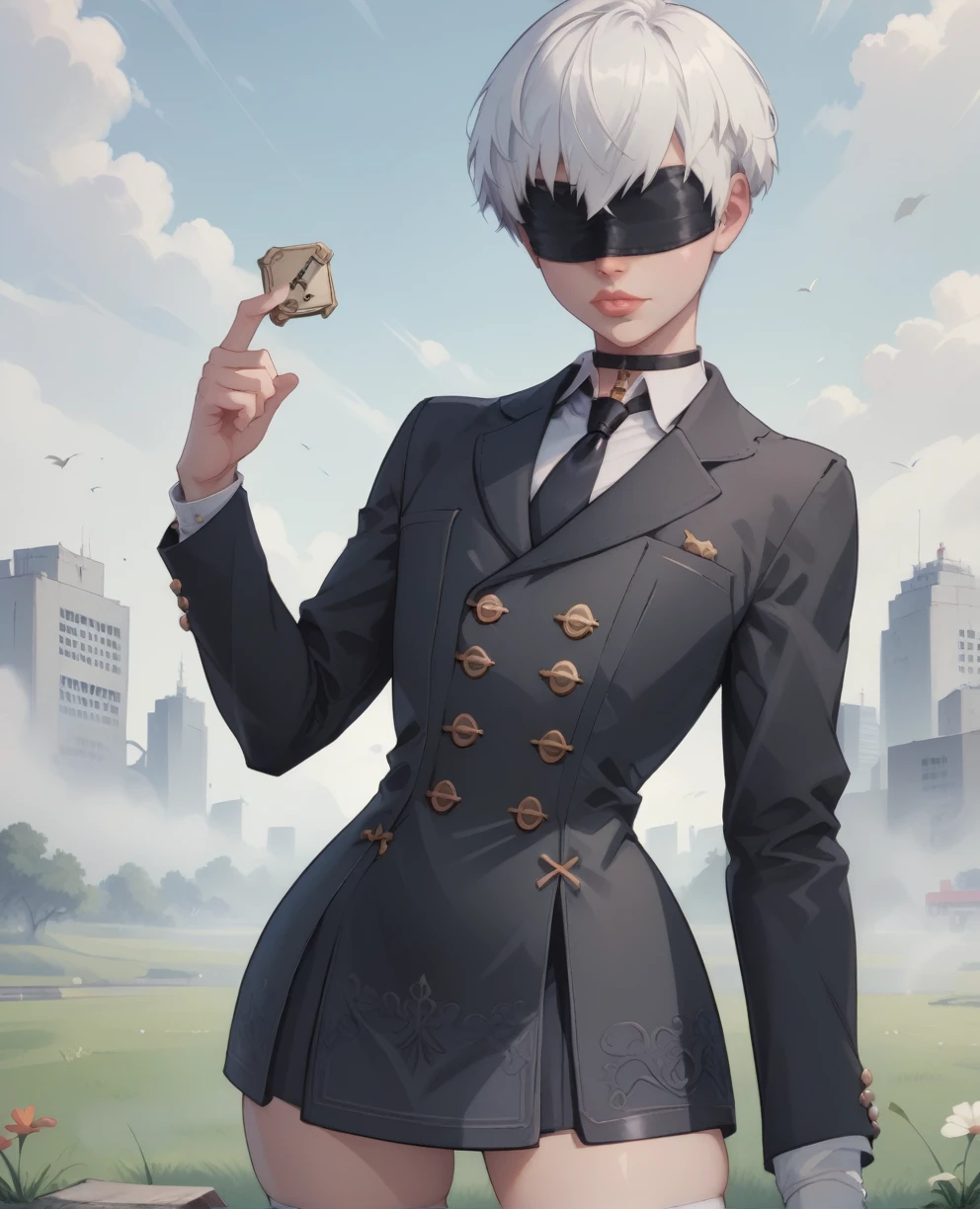 score_9,score_8_up,score_7_up,
yorhaxl,white hair,black blindfold,short hair,black choker,lips,
standing, skirt suit, (((three-piece suit))), (((dress shirt))), (((necktie))), (((blazer))), (((suit jacket))), ((waistcoat)), double-breasted waistcoat, (((bodycon miniskirt))), stockings, pocket square, cufflinks,   
long sleeves,black jacket,buttons,
deserted school yard,fog,grass, crossdressing
